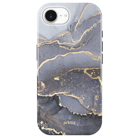 Die arktis iPhone 16e Hülle - Dusty Marble besticht durch ein grau-goldenes Marmor-Design mit arktis Logo, bietet dank stoßabsorbierendem TPU-Silikon optimalen Schutz und ist MagSafe kompatibel.