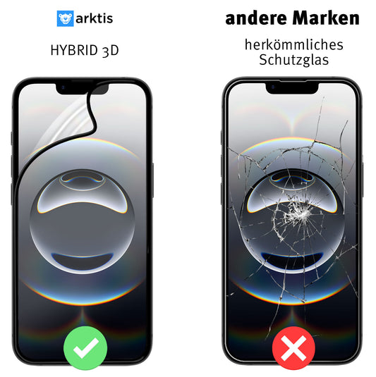 Linkes Smartphone mit arktis iPhone 16e Schutzfolie HYBRID 3D Beastprotect Edition und grünem Häkchen; rechtes Telefon mit gesprungenem Bildschirm und rotem X.