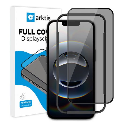 Ein iPhone 16e mit zwei arktis iPhone 16e PRIVACY Displayschutz GLAS Displayschutzfolien wird vor einer blau-weißen arktis-Verpackung mit einer iPhone-Illustration präsentiert.