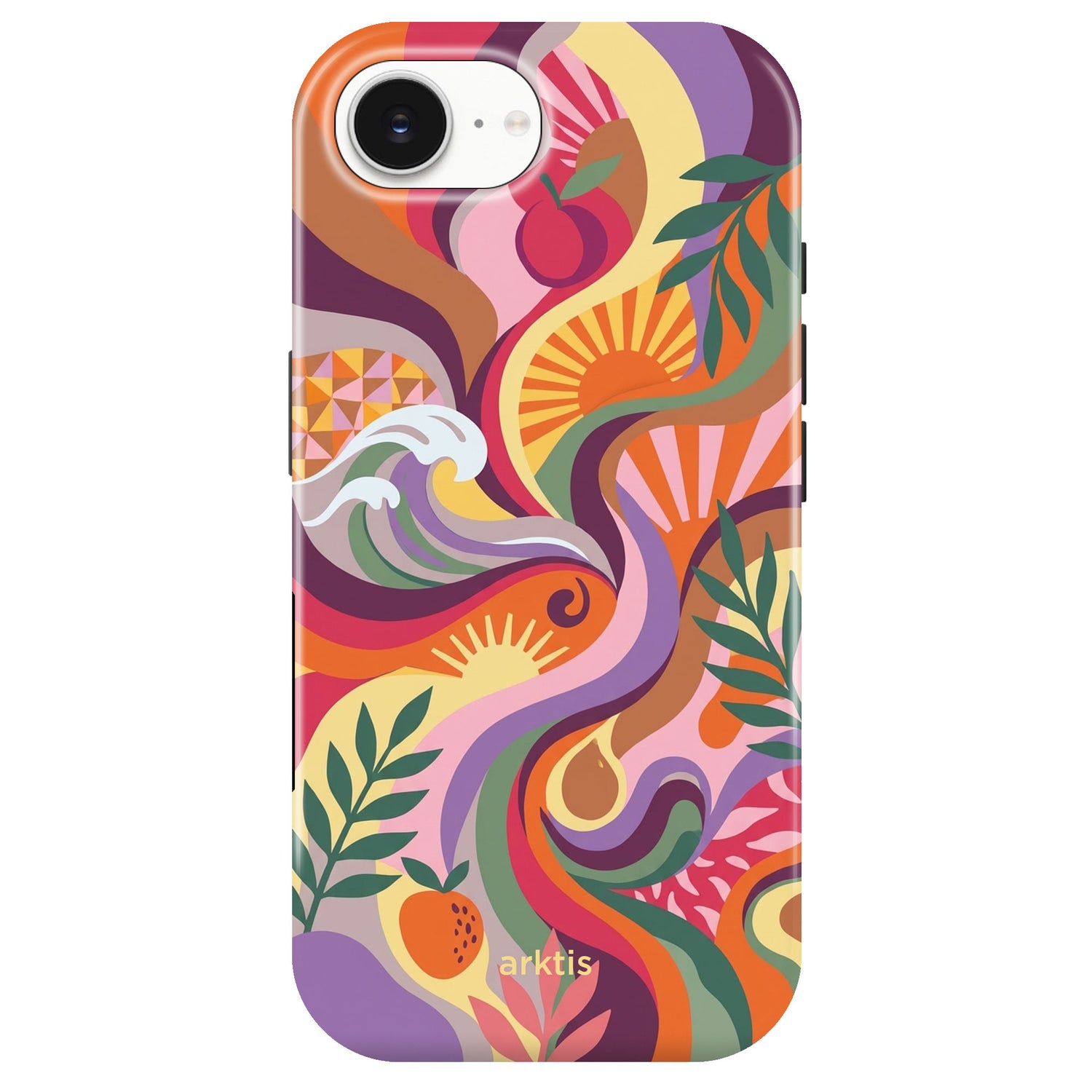Die arktis iPhone 16e Hülle - Summer von arktis zeigt abstrakte Wirbel, Blätter, Sonnenformen und Früchte auf einer weißen TPU-Silikonhülle. MagSafe-kompatibel für lebendigen Stil und starken Schutz.