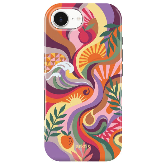 Die arktis iPhone 16e Hülle - Summer von arktis zeigt abstrakte Wirbel, Blätter, Sonnenformen und Früchte auf einer weißen TPU-Silikonhülle. MagSafe-kompatibel für lebendigen Stil und starken Schutz.