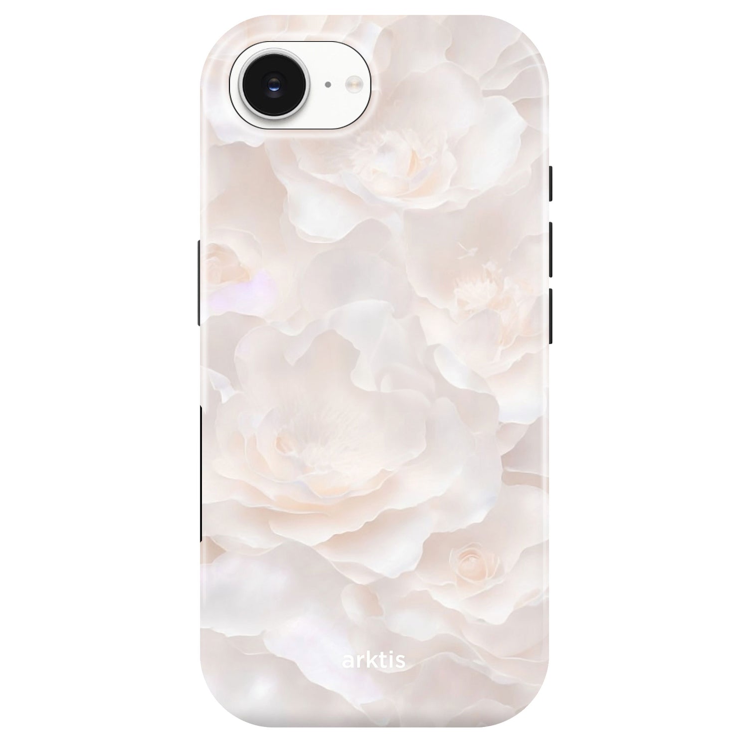 Die arktis iPhone 16e Hülle - Marble Flower zeigt ein zartes pastellfarbenes Blumendesign mit weißen und blassrosa Blüten, hergestellt aus stoßabsorbierendem TPU-Silikon. MagSafe-kompatibel und eine perfekte Passform für Ihr iPhone 16e.