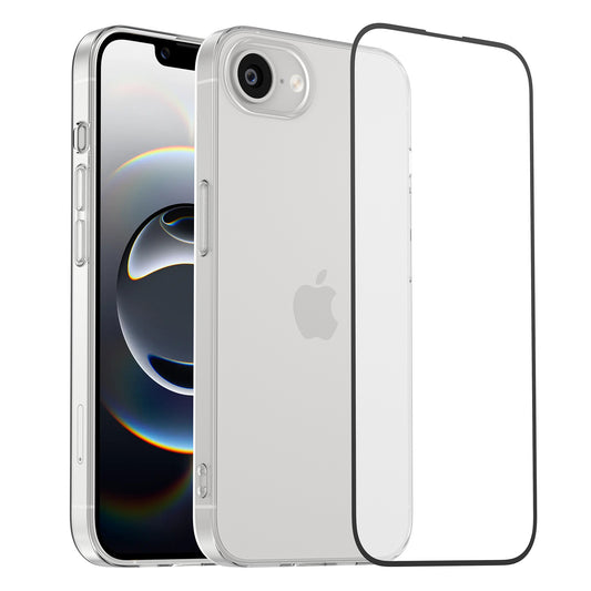 Das arktis iPhone 17e Sparpaket von arktis, mit klarer Schutzhülle und hüllenfreundlichem Glas-Screen-Protector, zeigt ein modernes iPhone auf weißem Hintergrund.