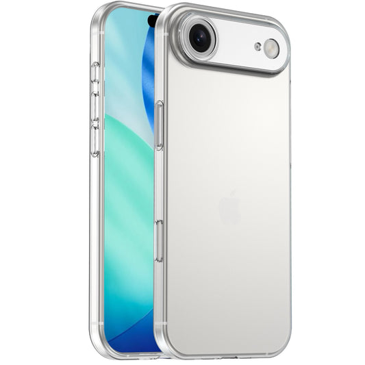 Zwei silberne Smartphones - eines zeigt den Bildschirm, eines die Rückseite - beide geschützt durch das arktis iPhone 17 Air Invisible Air Case, eine transparente, stoßfeste TPU-Silikonhülle von arktis.