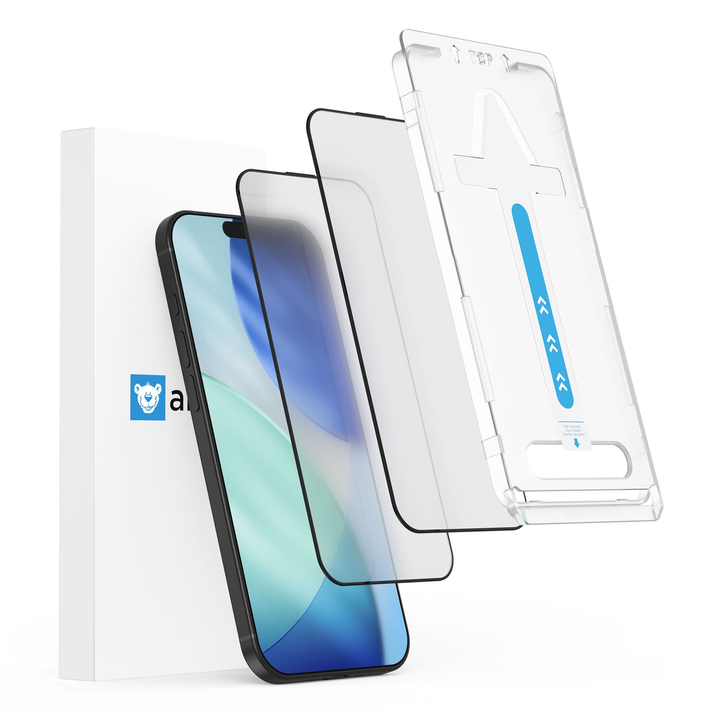 Ein arktis iPhone Air MATT Displayschutzfolien-Set mit zwei matten, fingerabdrucksicheren Displayschutzfolien und einem Installationstray wird neben der Produktverpackung platziert.