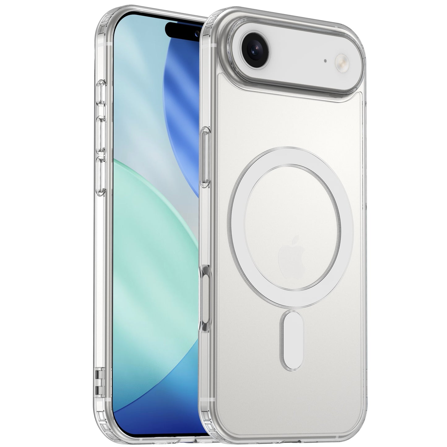 Die arktis iPhone Air PureCase mit MagSafe ist eine stoßfeste, transparente Handyhülle von arktis, die den MagSafe-Ring sowie die Kamera zeigt und mit blau-grünem Wallpaper auf deinem iPhone 17 Air überzeugt.