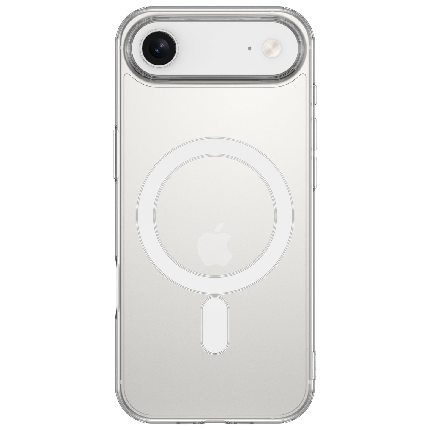 Ein weißes iPhone in der arktis iPhone Air PureCase mit MagSafe, stoßfest, transparent, zeigt Kamera, Apple-Logo und MagSafe-Ring auf der Rückseite.