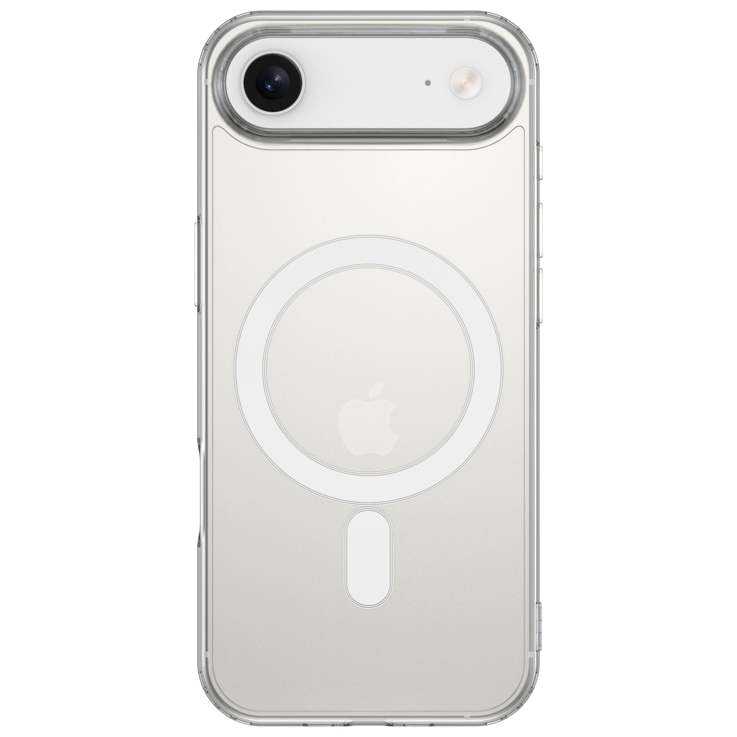 Ein weißes iPhone in der arktis iPhone Air PureCase mit MagSafe, stoßfest, transparent, zeigt Kamera, Apple-Logo und MagSafe-Ring auf der Rückseite.