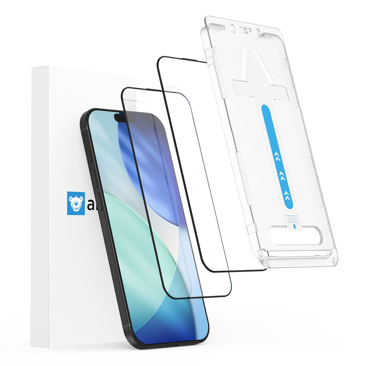 Arktis iPhone 17 Displayschutzfolie Kit: Staubfrei ohne Blasen, zwei gehärtete Glasfolien mit Anti-Fingerabdruck-Beschichtung, Installationsrahmen und Verpackungsbox.