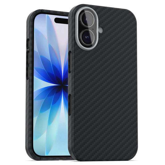 Ein iPhone 17 Pro mit einem blauen Blumenhintergrund in der arktis iPhone 17 Carbon Tasche von arktis - eine elegante, schwarz strukturierte Tasche mit MagSafe Kompatibilität.