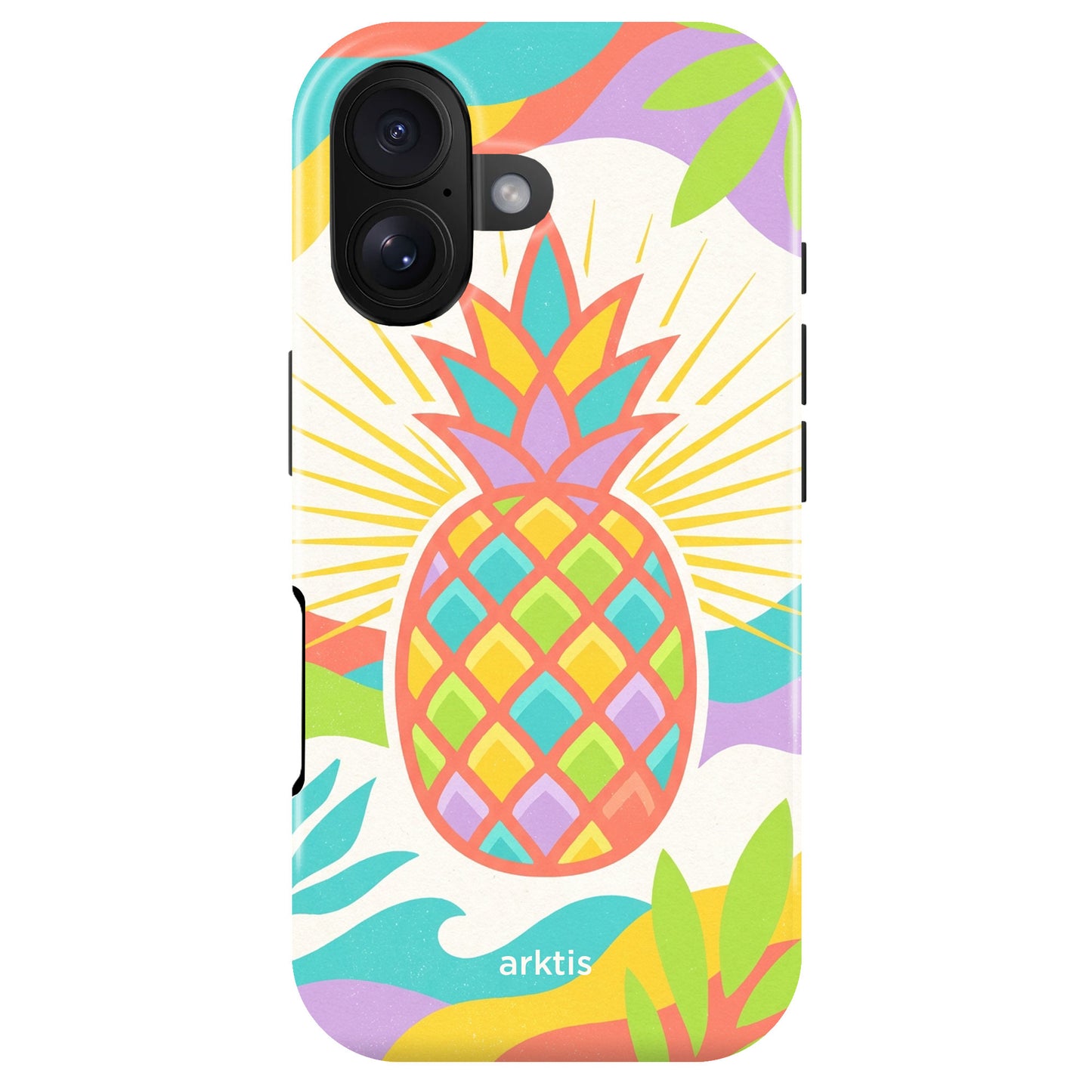 Die arktis iPhone 17 Hülle - Tropic Pineapple zeigt ein lebendiges Ananas-Design mit gelben Linien und abstrakten Formen, ist aus stoßabsorbierendem TPU-Silikon gefertigt und ist MagSafe kompatibel für einfaches kabelloses Laden.