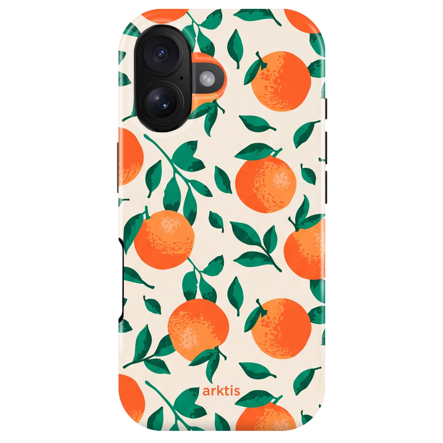 Die arktis iPhone 17 Hülle - Orange Tree zeigt ein leuchtendes orange-grünes Zitrusdesign auf cremefarbenem Hintergrund. Sie ist aus TPU-Silikon gefertigt, MagSafe kompatibel und bietet stilvollen, zuverlässigen Schutz für Ihr iPhone 17.