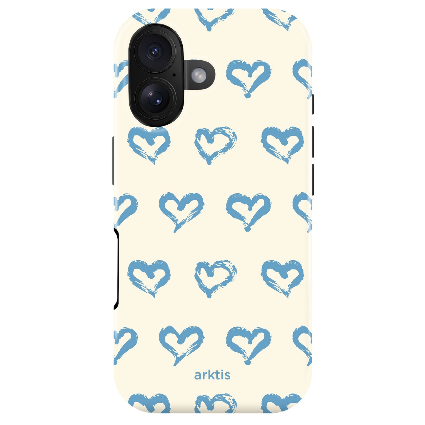 Die arktis iPhone 17 Hülle - Blue Hearts zeigt ein cremefarbenes Design mit blauen, handgezeichneten Herzen und dem Schriftzug "arktis" auf der Unterseite. MagSafe kompatibel und aus stoßabsorbierendem TPU-Silikon - optimaler Schutz für dein iPhone 17.