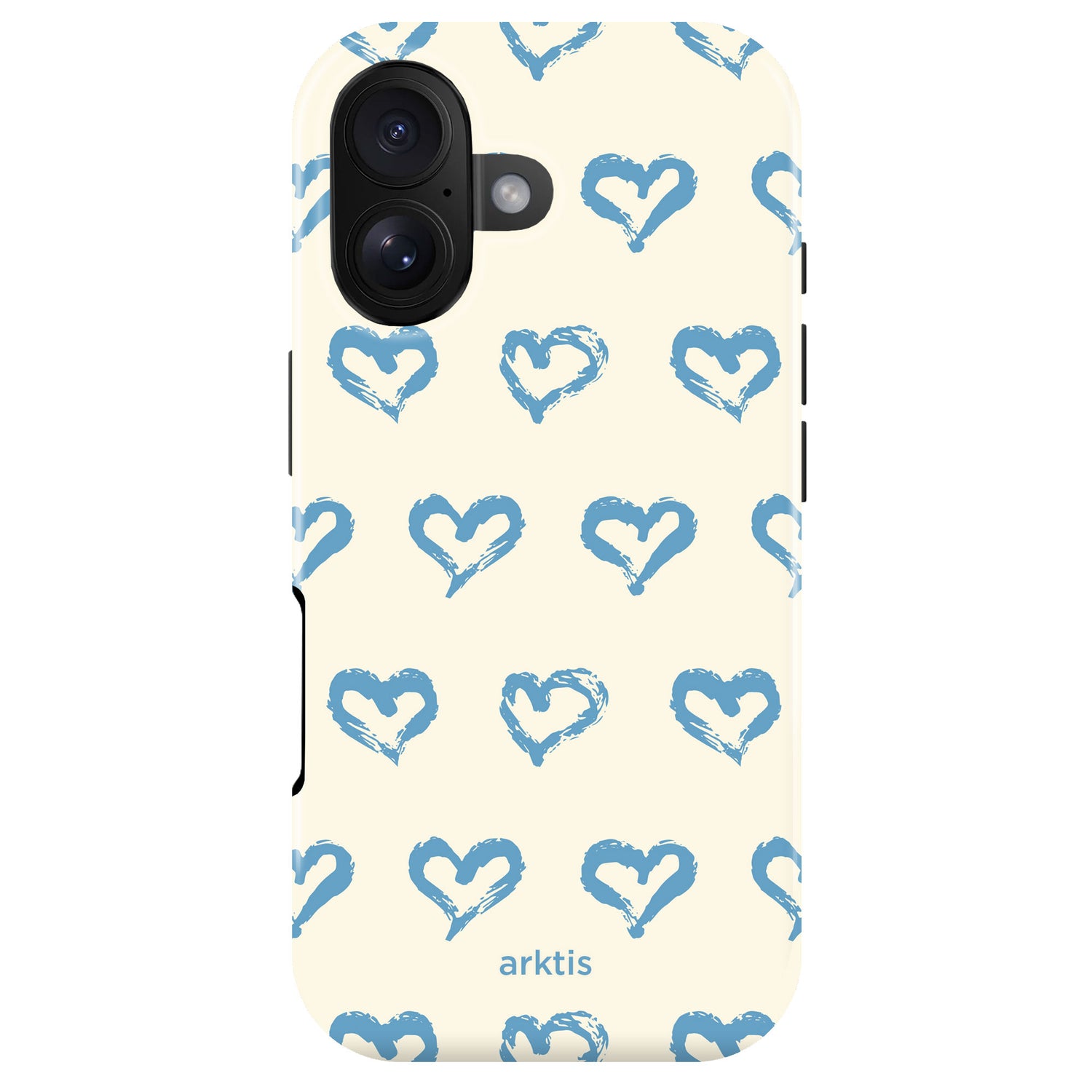 Die arktis iPhone 17 Hülle - Blue Hearts zeigt ein cremefarbenes Design mit blauen, handgezeichneten Herzen und dem Schriftzug "arktis" auf der Unterseite. MagSafe kompatibel und aus stoßabsorbierendem TPU-Silikon - optimaler Schutz für dein iPhone 17.