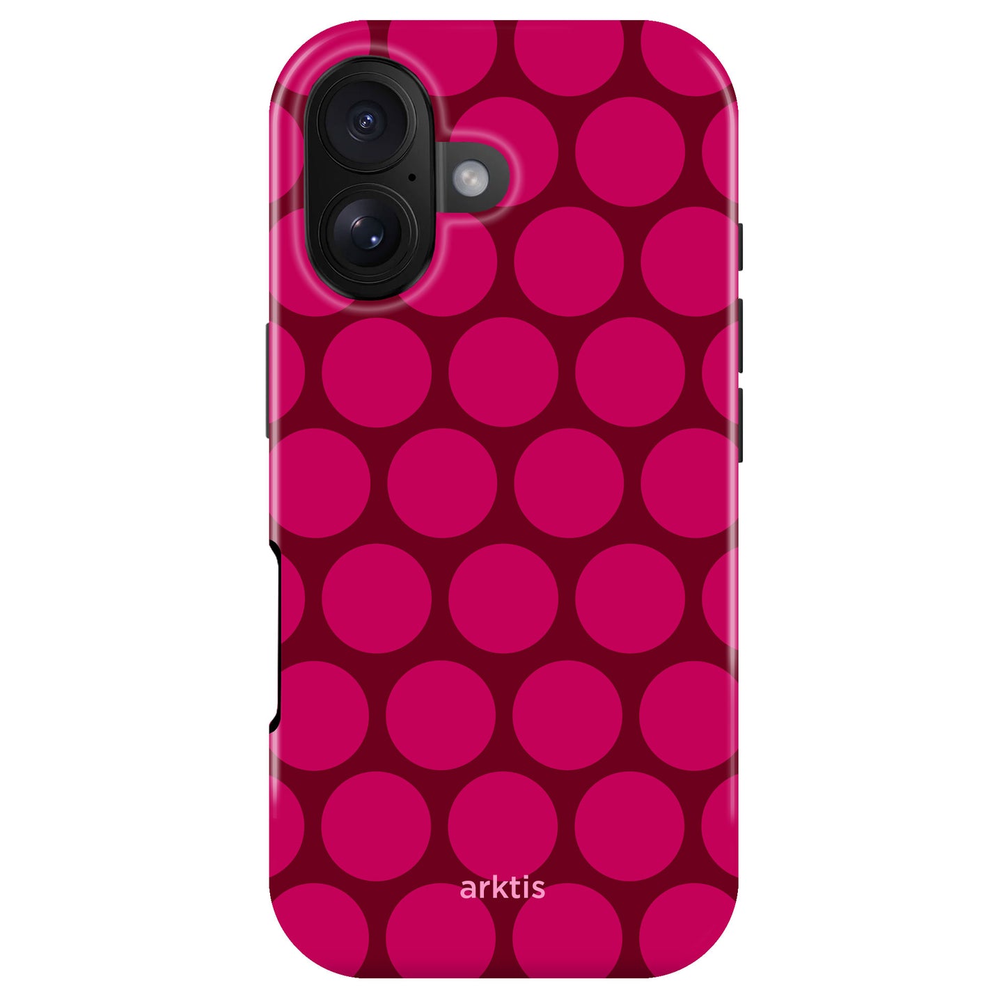 Die arktis iPhone 17 Hülle - Polka Dots zeigt leuchtend pinke Tupfen auf kastanienbraunem Grund, ist aus strapazierfähigem TPU Silikon gefertigt, MagSafe kompatibel und mit dem arktis Logo versehen, um einen stilvollen Akzent zu setzen.