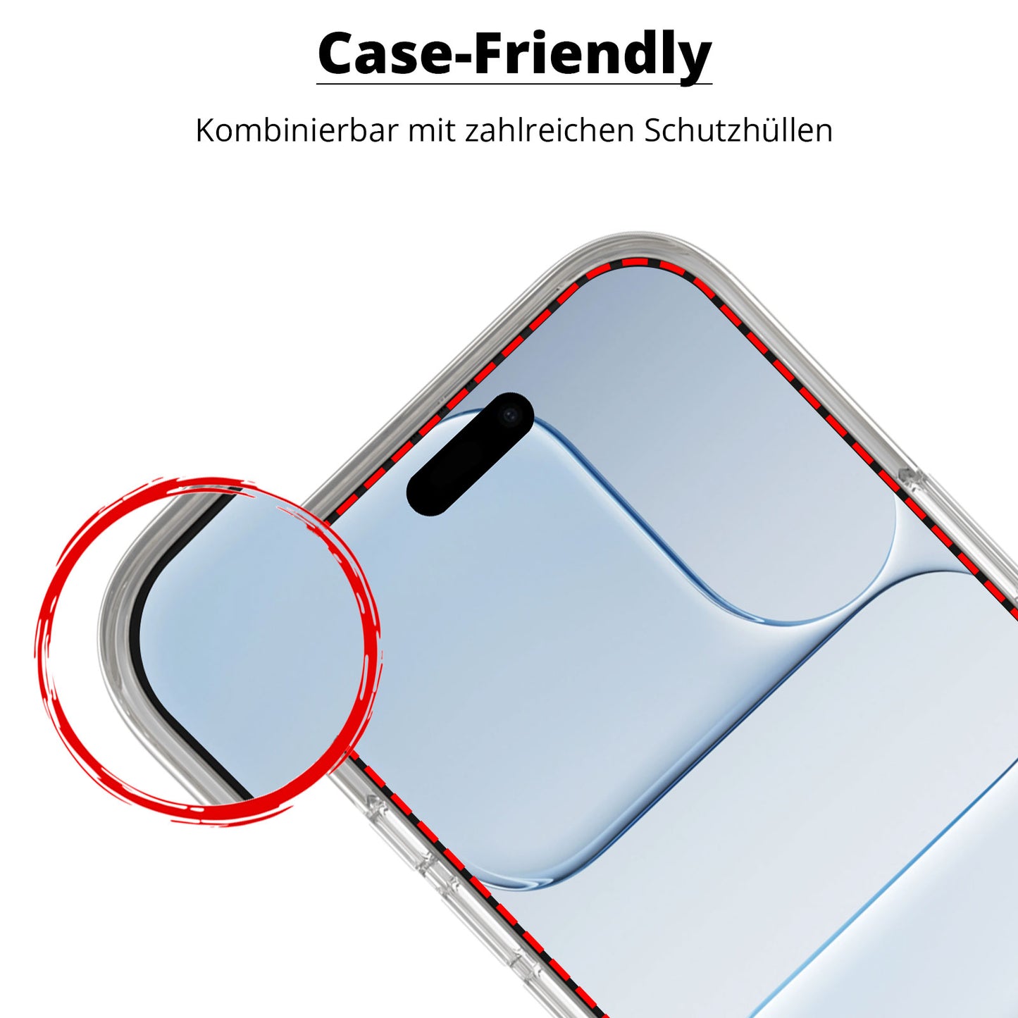 Nahaufnahme eines iPhone 17 in einer Klarsichthülle mit "Case-Friendly" und deutschem Text darüber. Das Display zeigt die arktis iPhone 17 Displayschutzfolie - Staubfrei ohne Blasen für Privatsphäre und Schutz, mit Anti-Fingerprint-Beschichtung.