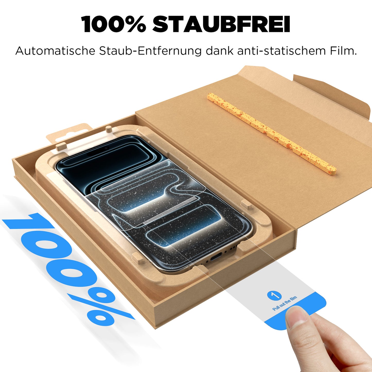 Eine Hand zieht die mit 1 gekennzeichnete Folie aus einem arktis 2er Set iPhone 17 Pro Max REVOLUTION Glas-Displayschutz in EZ.INSTALL Box, damit der Glas-Displayschutz 100% staubfrei bleibt.