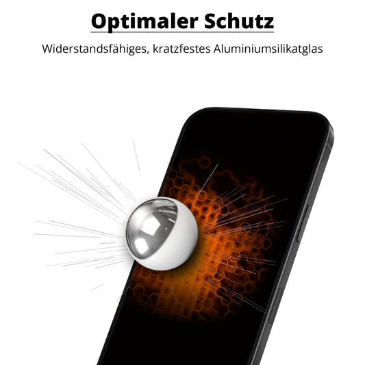 Eine Metallkugel trifft eine arktis iPhone Air MATT Displayschutzfolie und zeigt einen deutschen Text über haltbares, kratzfestes Glas und "Displayschutz gehärtetes Glas" der Marke arktis.