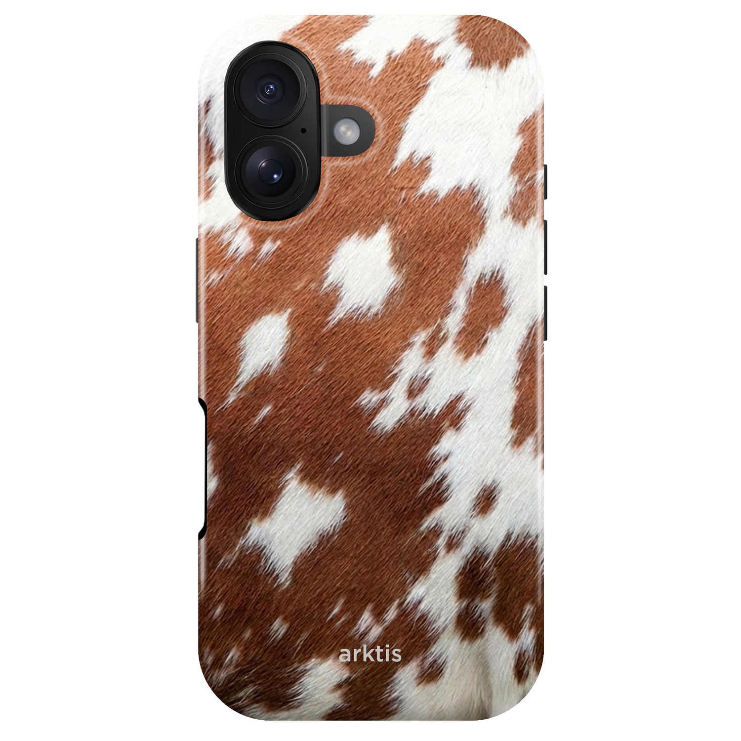Die arktis iPhone 17 Hülle - Cow bietet stoßabsorbierendes TPU-Silikon, braun-weißes Kuhfellmuster, arktis Logo und MagSafe-kompatibles Design - idealer Schutz für dein iPhone 17.