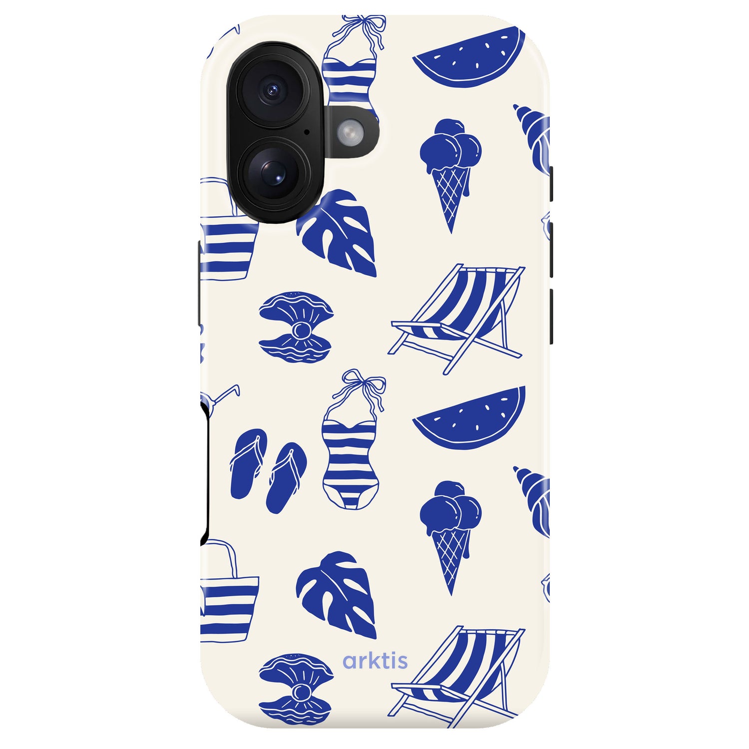 Die arktis iPhone 16 Hülle - Beach Style zeigt blaue Sommersymbole wie Eiscreme, Badeanzüge und Flip-Flops. MagSafe kompatibel und aus stoßabsorbierendem TPU-Silikon für optimalen Schutz.