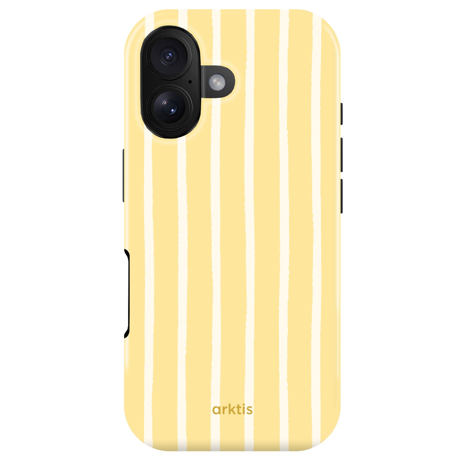 Die arktis iPhone 17 Hülle - Sunny Stripes hat ein gelbes Design mit vertikalen weißen Streifen, "arktis" Logo an der Unterseite, gefertigt aus TPU-Silikon und MagSafe kompatibel für bequemes Aufladen und sichere Befestigung.