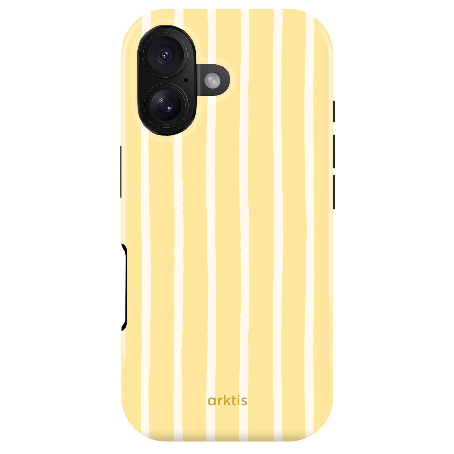 Die arktis iPhone 16 Hülle - Sunny Stripes verfügt über vertikale weiße Streifen auf Gelb, "arktis" Branding, stoßabsorbierendes TPU-Silikon und ist MagSafe kompatibel - stylischer und zuverlässiger Schutz.