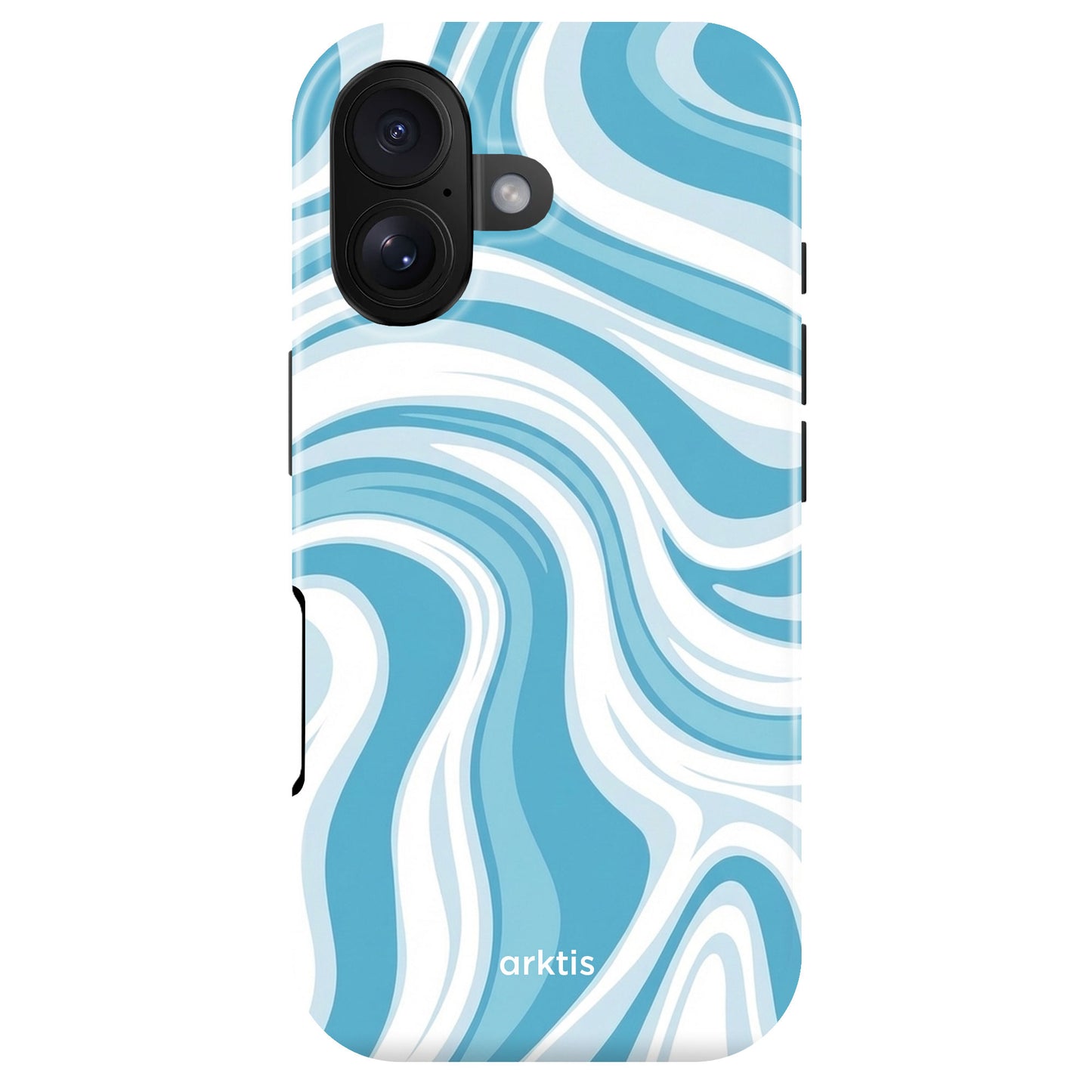 Die arktis iPhone 17 Hülle - Blue Lagoon besticht mit blau-weißem abstraktem Muster, stoßabsorbierendem TPU-Silikon, arktis Logo und MagSafe-Kompatibilität für bequemes Laden.