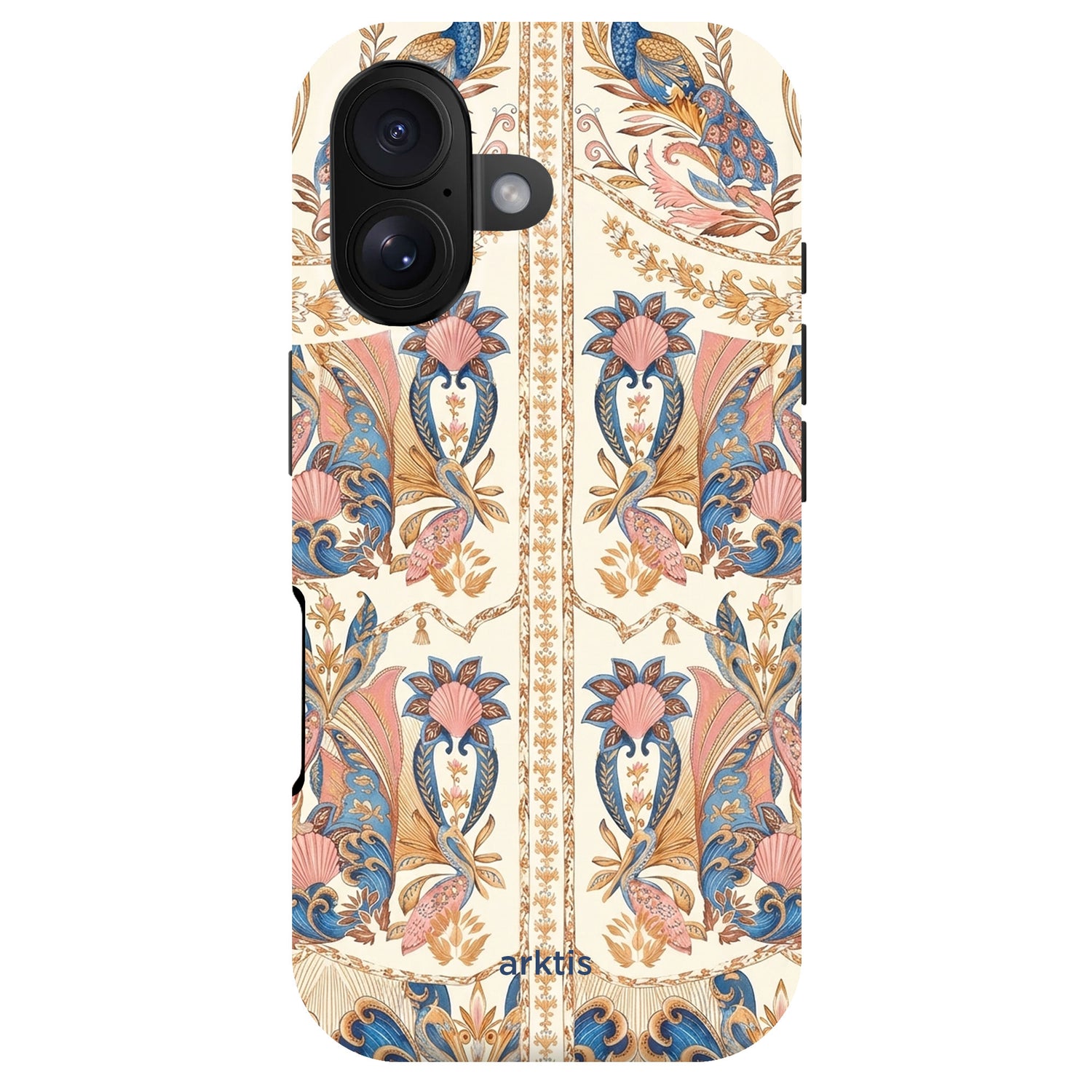 Die arktis iPhone 17 Hülle - Peacock Palace zeigt ein florales Vintage-Design in Blau, Rosa und Gold auf Creme. Sie besteht aus stoßabsorbierendem TPU-Silikon und ist MagSafe-kompatibel für stilvollen Schutz.