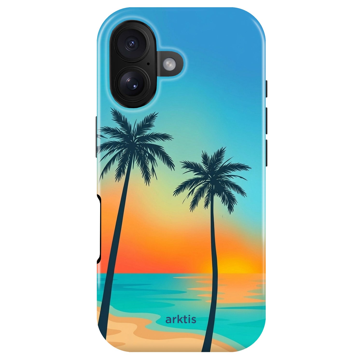 MagSafe kompatibel: Die arktis iPhone 16 Hülle - Sunset Beach zeigt einen Strand-Sonnenuntergang mit zwei Palmen und farbigem Himmel in Blau, Orange und Gelb. Stoßabsorbierendes TPU-Silikon schützt Ihr Gerät stilvoll.