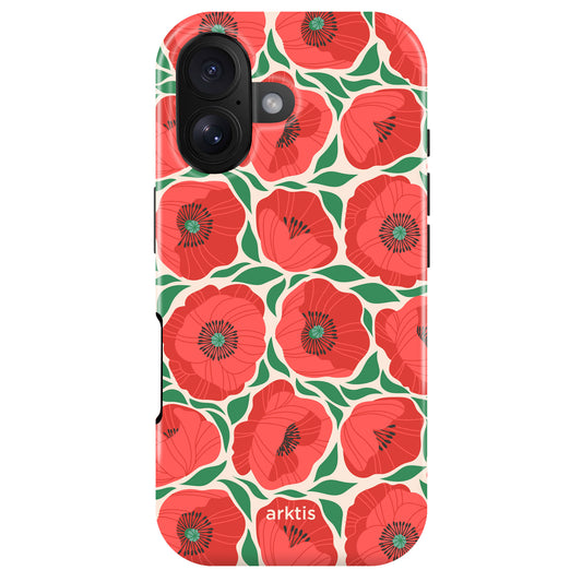 Die arktis iPhone 16 Hülle - Summer Garden zeichnet sich durch ein leuchtendes rotes und grünes Mohnblumen-Design, MagSafe-Kompatibilität, "arktis"-Branding an der Unterseite und ein robustes TPU-Silikon für Stil und Schutz aus.