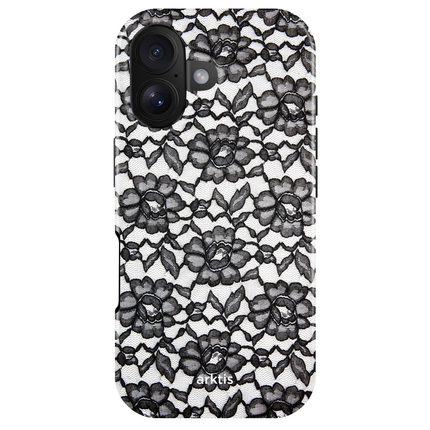 Die arktis iPhone 17 Hülle - Dark Rose verfügt über ein schwarzes florales Spitzendesign auf weißem Grund, das arktis Logo darunter, MagSafe Kompatibilität und stoßabsorbierendes TPU-Silikon für zusätzlichen Schutz.