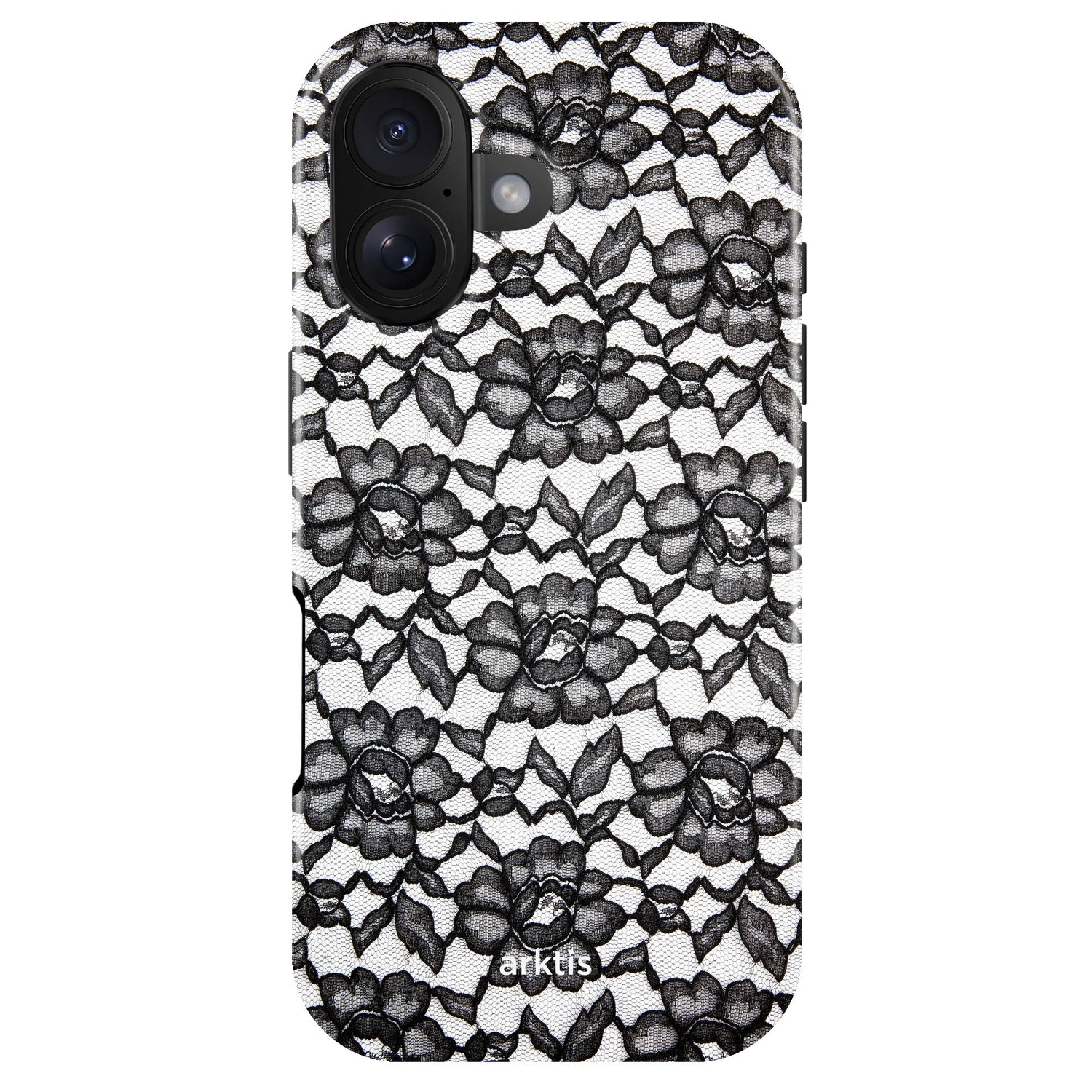 Die arktis iPhone 17 Hülle - Dark Rose verfügt über ein schwarzes florales Spitzendesign auf weißem Grund, das arktis Logo darunter, MagSafe Kompatibilität und stoßabsorbierendes TPU-Silikon für zusätzlichen Schutz.