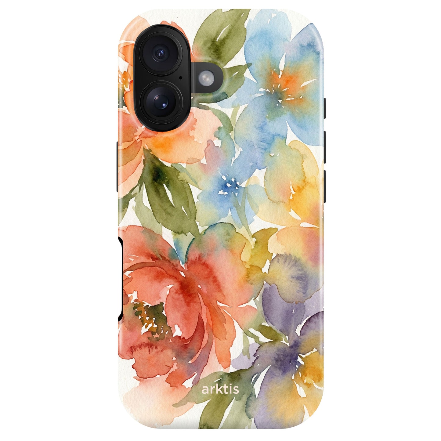 Die arktis iPhone 16 Hülle - Floral überzeugt mit buntem Aquarell-Blumenmuster sowie arktis-Schriftzug, ist MagSafe-kompatibel und besteht aus stoßabsorbierendem TPU-Silikon für optimalen Schutz.