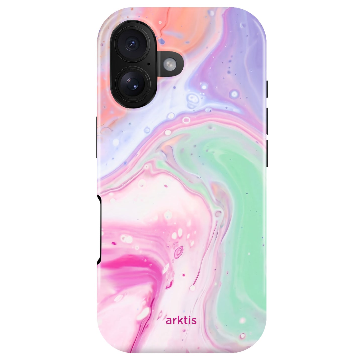Die arktis iPhone 17 Hülle - Neo Marble zeigt ein pastellfarbenes Marmor-Design in Pink, Lila, Grün und Weiß mit dem Schriftzug "arktis" auf der Unterseite. Sie besteht aus stoßabsorbierendem TPU-Silikon, ist MagSafe-kompatibel und perfekt für Ihr iPhone 17.