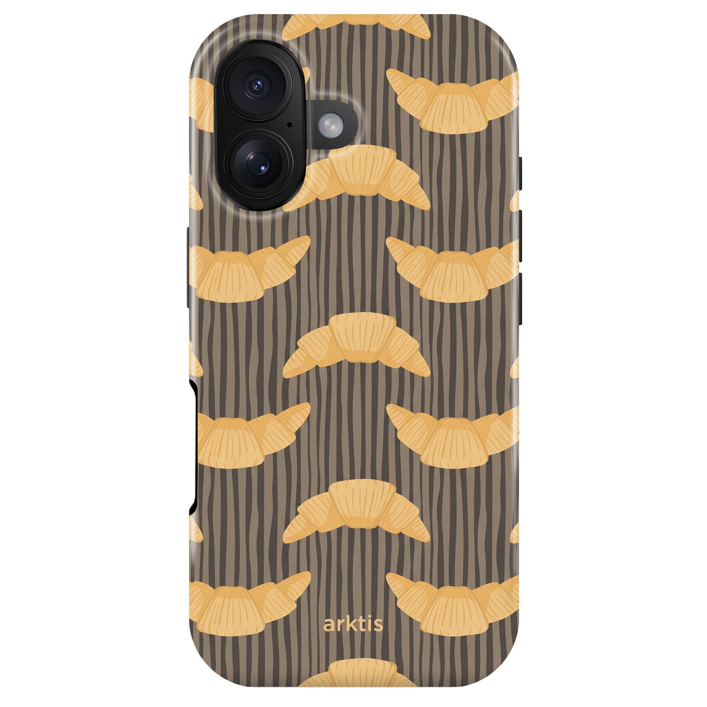 Die arktis iPhone 17 Hülle - French Breakfast zeigt ein Croissant-Muster auf einem dunklen, gestreiften Hintergrund mit dem arktis-Logo, ist aus TPU-Silikon gefertigt und MagSafe-kompatibel - ein stilvoller Schutz für Ihr iPhone 17.
