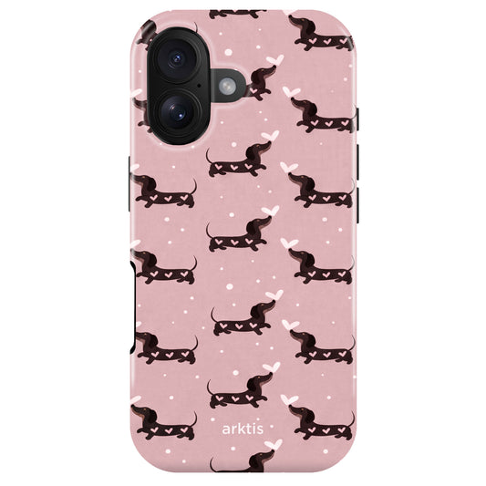 Arktis iPhone 17 Hülle - Dackel Love: Stoßabsorbierende TPU-Silikonhülle von arktis in Pink mit niedlichem Dackel-, weißen Herzchen- und Punktmuster, MagSafe kompatibel.