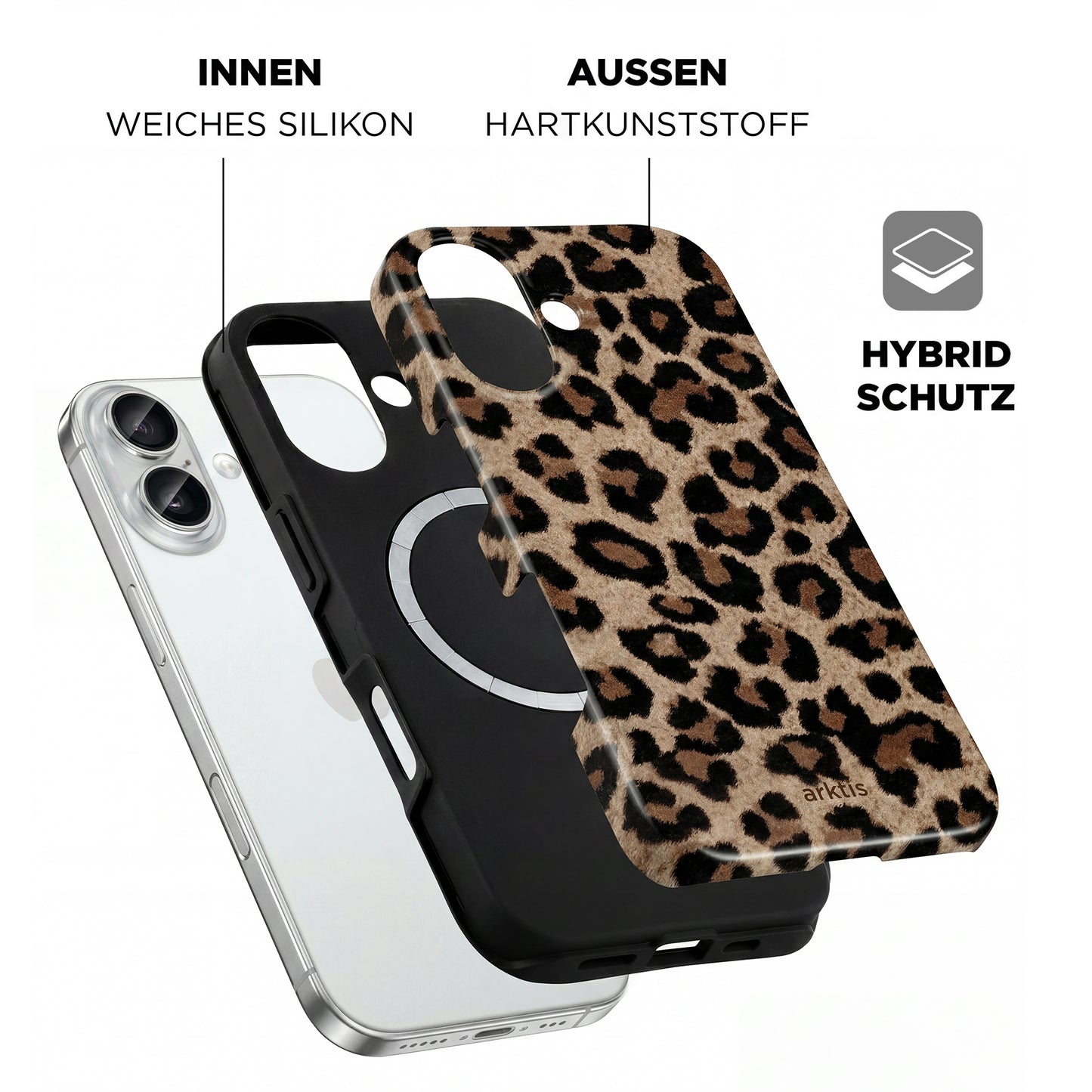 Die arktis iPhone 17 Hülle – Sweet Leopard verfügt über eine weiche TPU-Silikon-Innenseite, eine harte Kunststoffschale und ist MagSafe-kompatibel. Hier abgebildet auf einem iPhone.