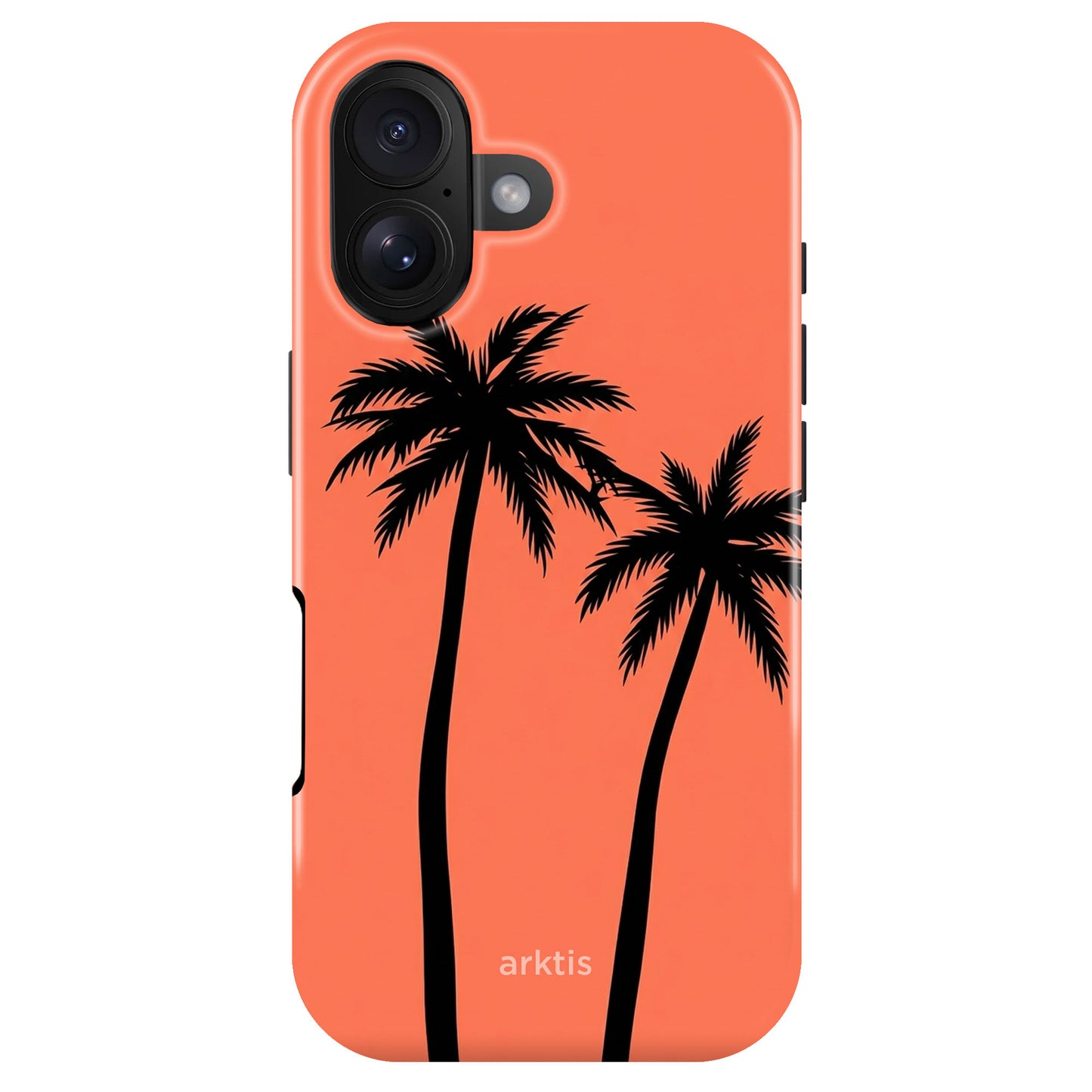 Die arktis iPhone 17 Hülle - Coral Coast bietet stoßabsorbierendes TPU-Silikon, zwei schwarze Palmensilhouetten, dezentes arktis-Branding unten und ist MagSafe-kompatibel für stylischen und sicheren Schutz.