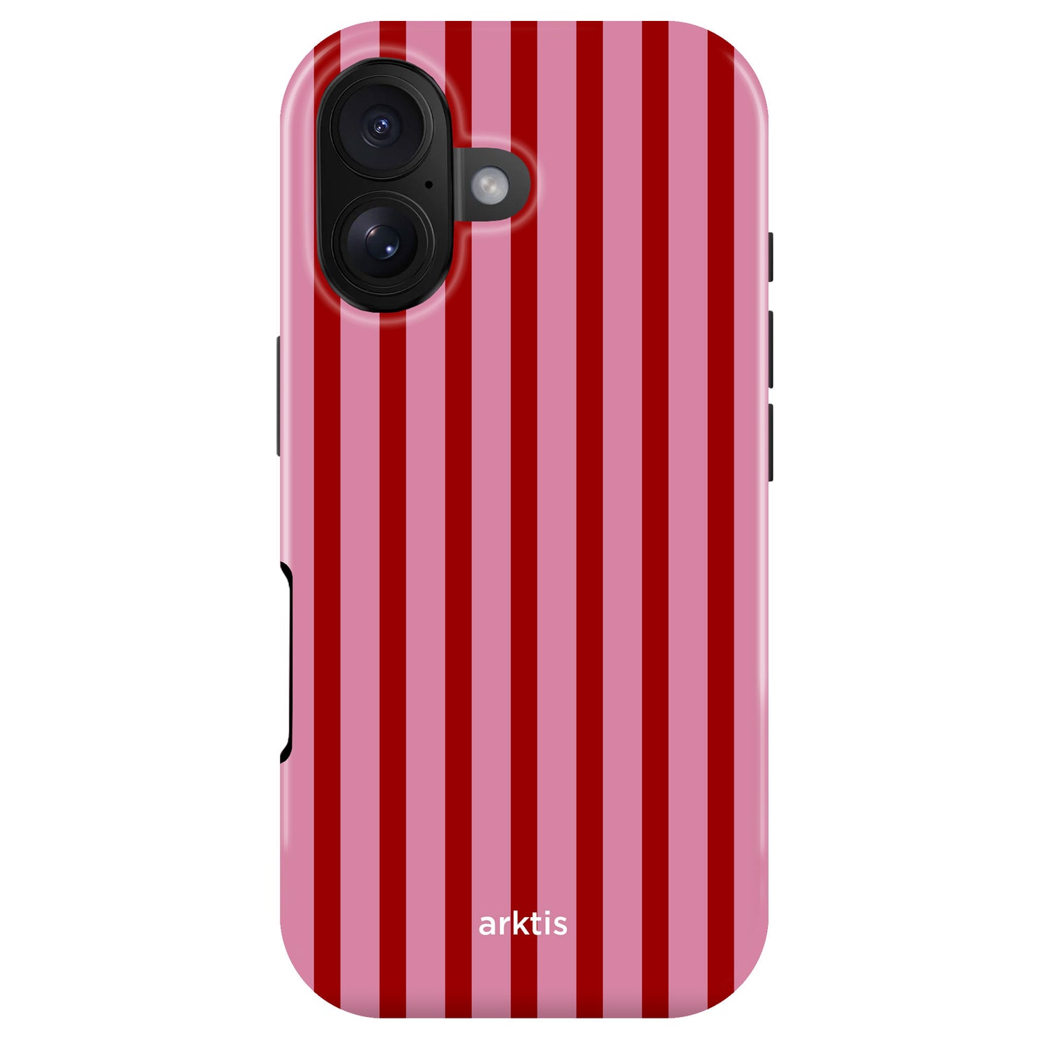 Die arktis iPhone 16 Hülle - Stripes hat rote und pinke vertikale Streifen, ein 'arktis' Branding an der Unterseite, ist aus TPU-Silikon gefertigt und unterstützt MagSafe charging.