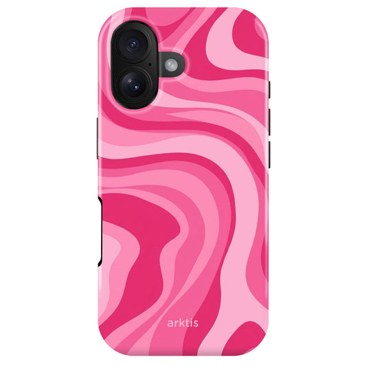 Die arktis iPhone 17 Hülle - Aura Pink ist eine MagSafe-kompatible Hülle mit einem wellenförmigen rosa-magenta Muster aus stoßabsorbierendem TPU-Silikon und arktis Logo am unteren Rand.