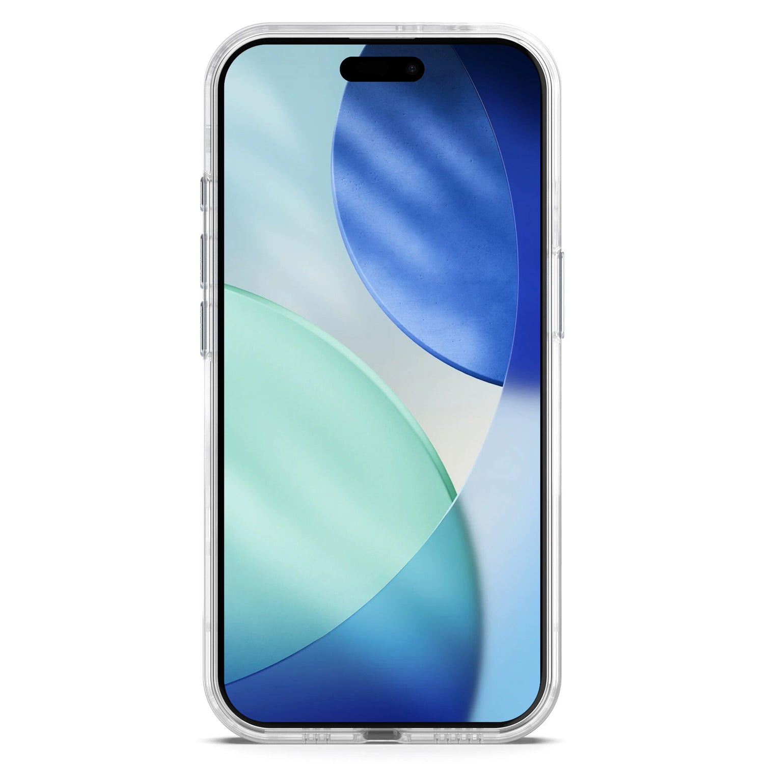Ein Smartphone in der arktis iPhone 17 Clear Case mit MagSafe von arktis, mit MagSafe-Kompatibilität, zeigt ein blau-grünes abstraktes Wallpaper auf dem Display.