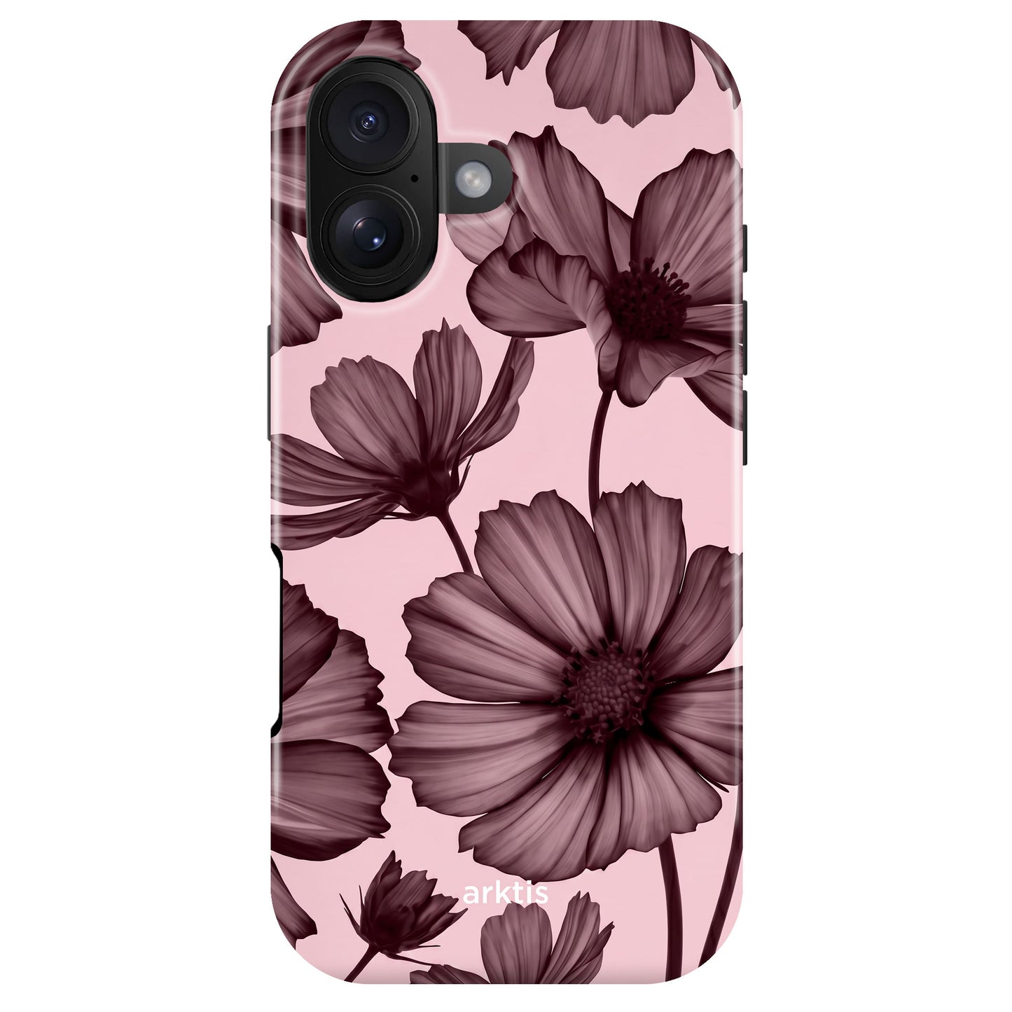 Arktis iPhone 17 Hülle - Bloom Case: Stoßabsorbierendes TPU-Silikon mit großen, dunkelvioletten Blumenmotiven, dezentem arktis-Logo und MagSafe-Kompatibilität für sicheres kabelloses Laden.
