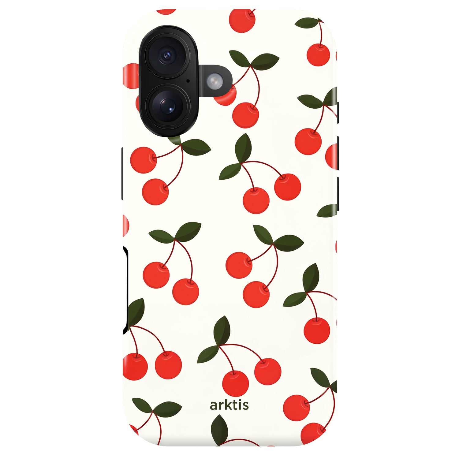 Die arktis iPhone 17 Hülle - Cherry von arktis zeigt ein Kirschmuster mit grünen Blättern auf Weiß, besteht aus stoßabsorbierendem TPU-Silikon und ist MagSafe-kompatibel für optimalen Schutz und Komfort.