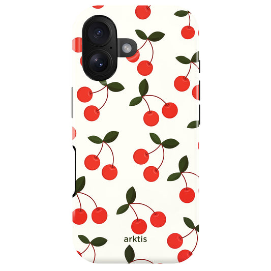 Die arktis iPhone 17 Hülle - Cherry von arktis zeigt ein Kirschmuster mit grünen Blättern auf Weiß, besteht aus stoßabsorbierendem TPU-Silikon und ist MagSafe-kompatibel für optimalen Schutz und Komfort.