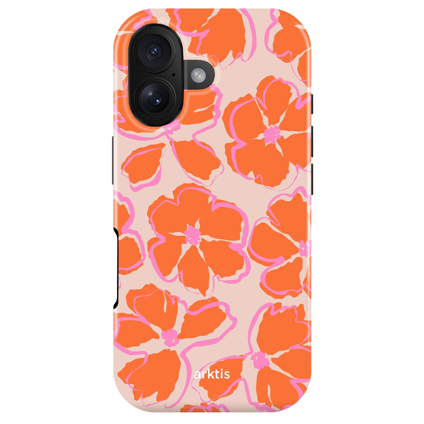 Die arktis iPhone 17 Hülle - Orange Mallow von arktis schützt dein iPhone stilvoll mit großem orange-pinkem Blumenmuster auf hellbeigem Hintergrund. Gefertigt aus TPU-Silikon und voll MagSafe kompatibel.