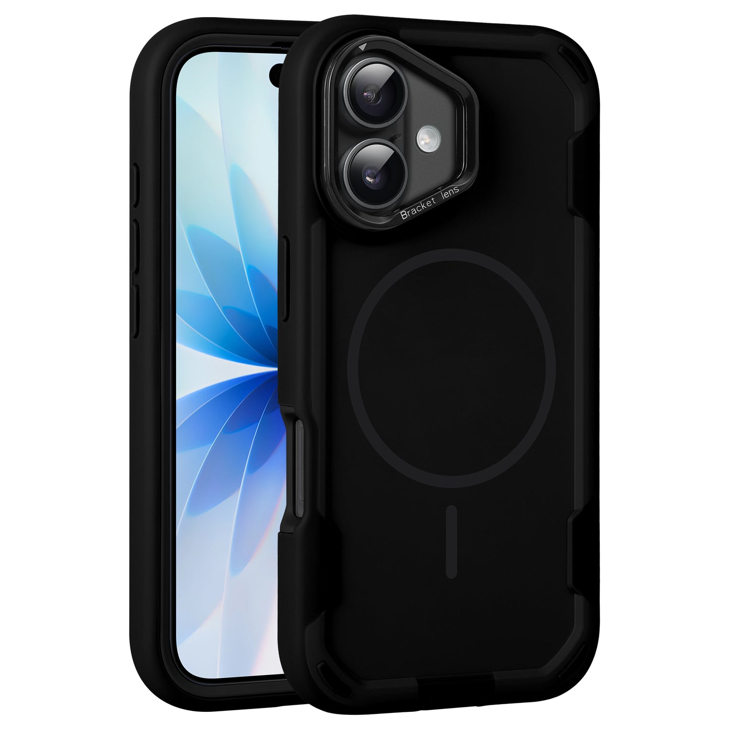 Das arktis iPhone 17 Sentinel Case ist ein schwarzes, robustes Outdoor-Case mit 360°-Schutz für ein Smartphone, abgebildet mit einem blauen Blumen-Hintergrundbild.