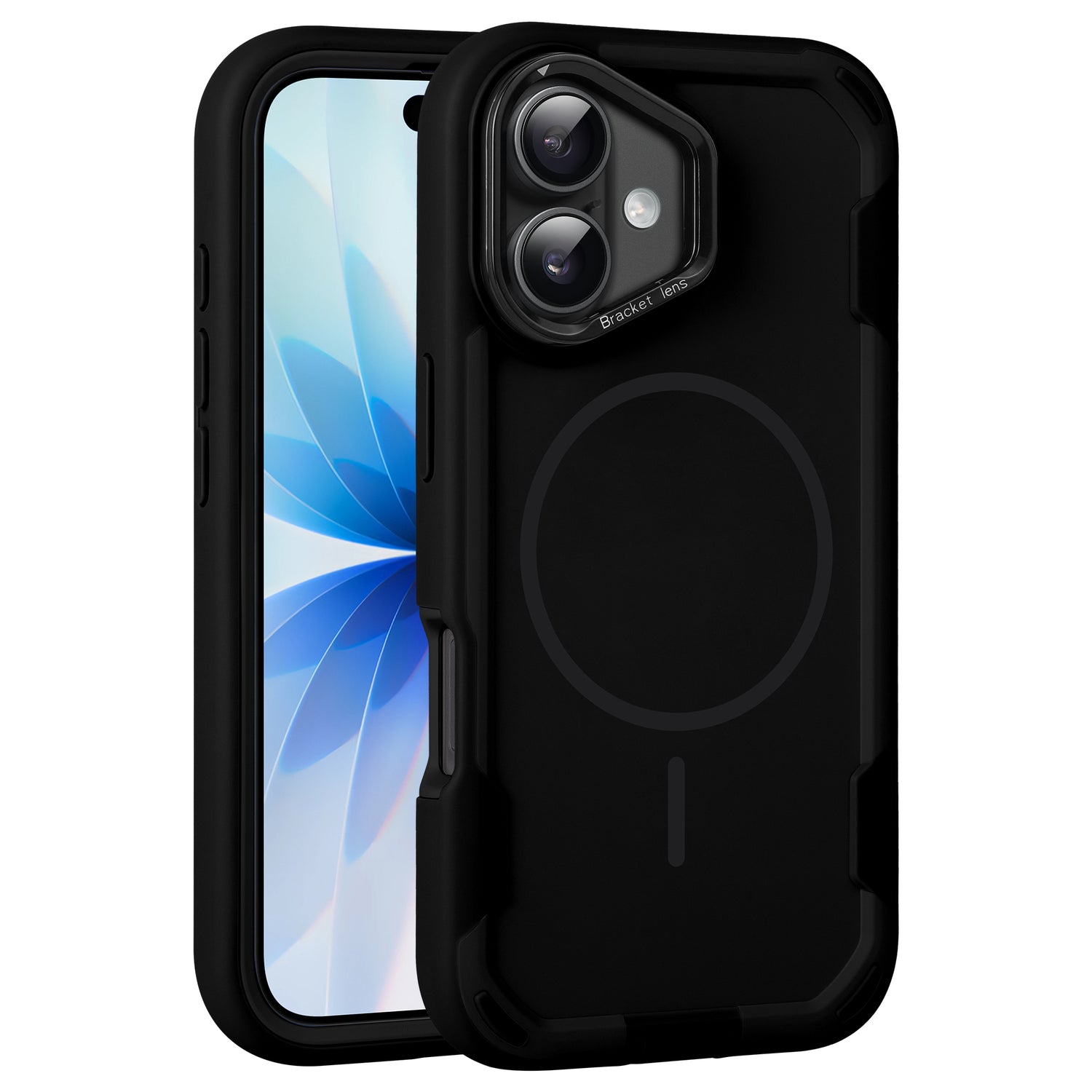 Das arktis iPhone 17 Sentinel Case ist ein schwarzes, robustes Outdoor-Case mit 360°-Schutz für ein Smartphone, abgebildet mit einem blauen Blumen-Hintergrundbild.