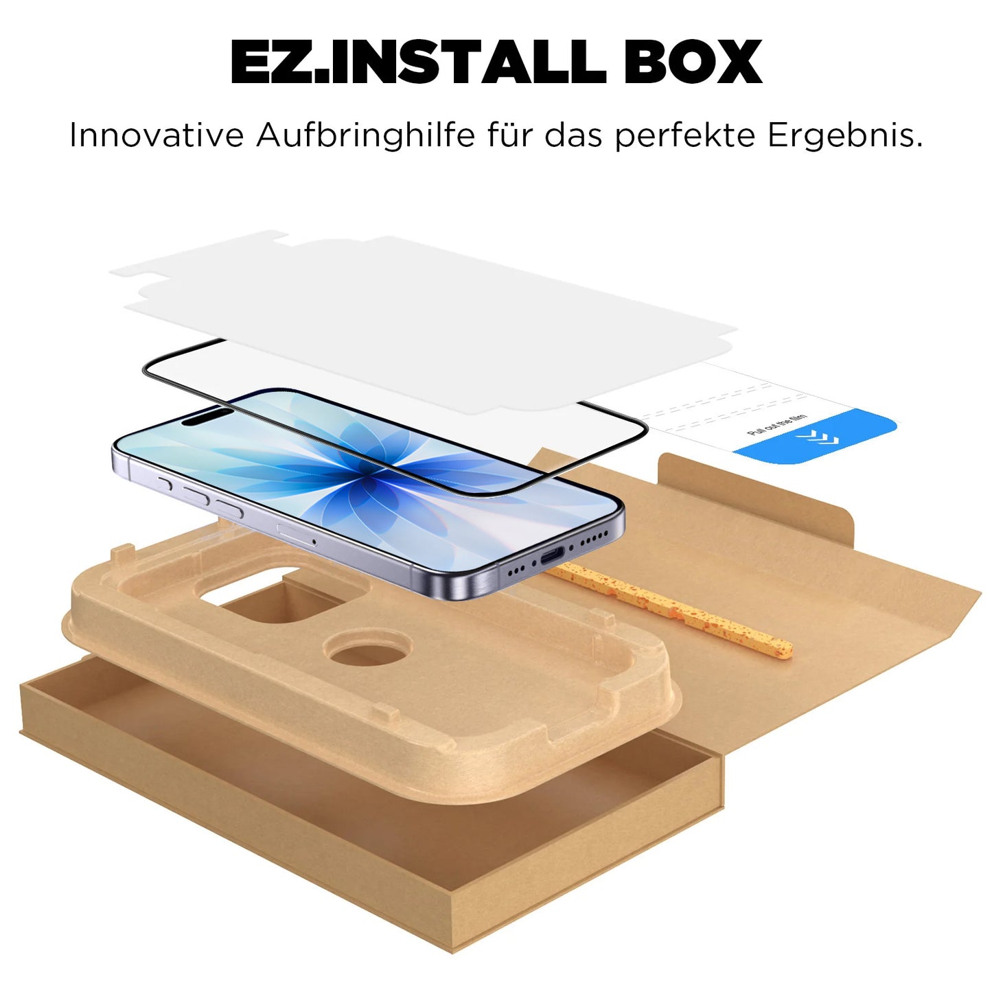 Das arktis 2er Set iPhone 17 REVOLUTION Glas-Displayschutz von arktis, inklusive Displayschutzfolien und Montagewerkzeug, wird über einer geöffneten Kartonverpackung mit einem Telefon dargestellt.