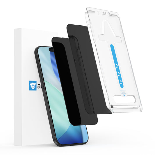 Explosionszeichnung des arktis iPhone 17 Pro PRIVACY Displayschutzfolie Kits, inklusive Ausrichtungswerkzeug, Anleitung, gehärtetem Glasschutz (staubfrei ohne Blasen) und Telefon.