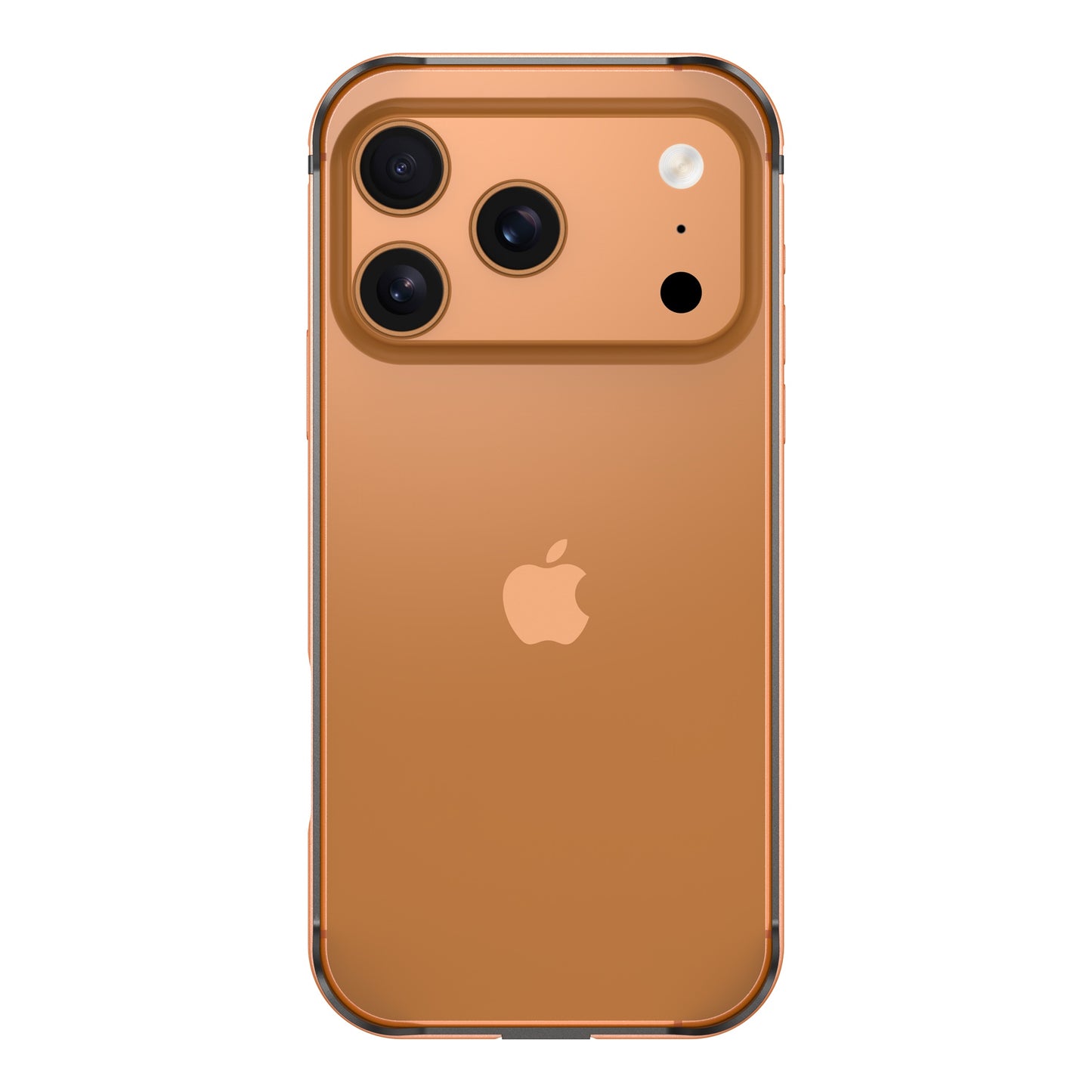 Ein goldenes iPhone 17 Pro Max mit drei rückwärtigen Kameras und Apple-Logo, von hinten gesehen, wird durch den arktis iPhone 17 Pro Max Bumper von arktis geschützt und verfügt über einen Displayschutz.